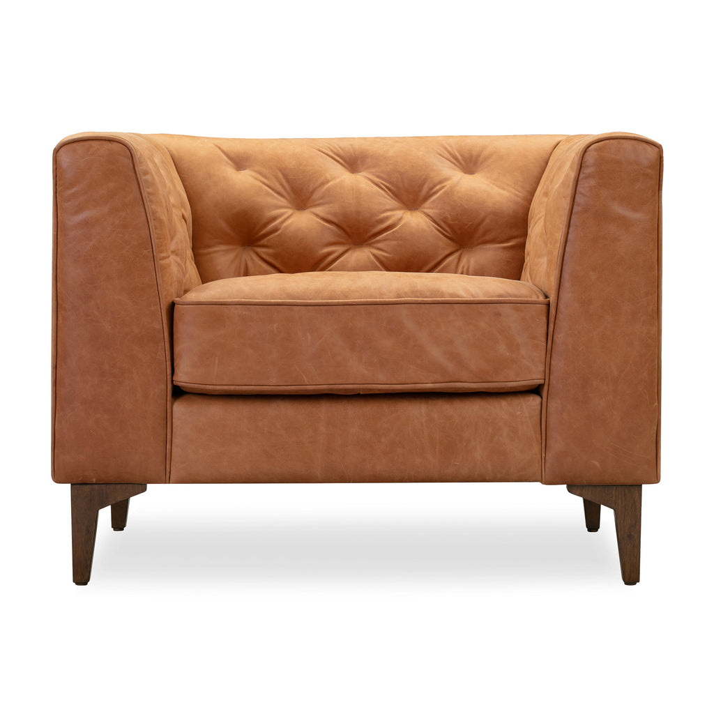 Modern Cognac Tan Leather Lounge Chair with Tufted Back