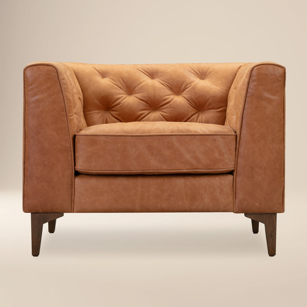 Modern Cognac Tan Leather Lounge Chair with Tufted Back