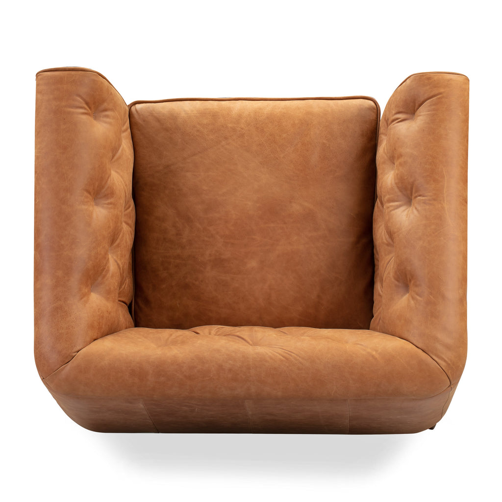 Modern Cognac Tan Leather Lounge Chair with Tufted Back