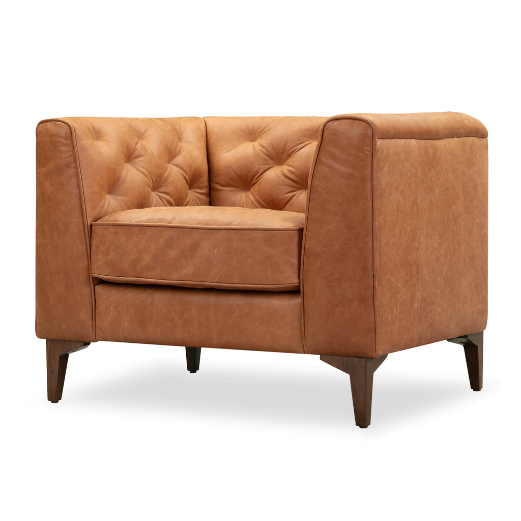 Modern Cognac Tan Leather Lounge Chair with Tufted Back