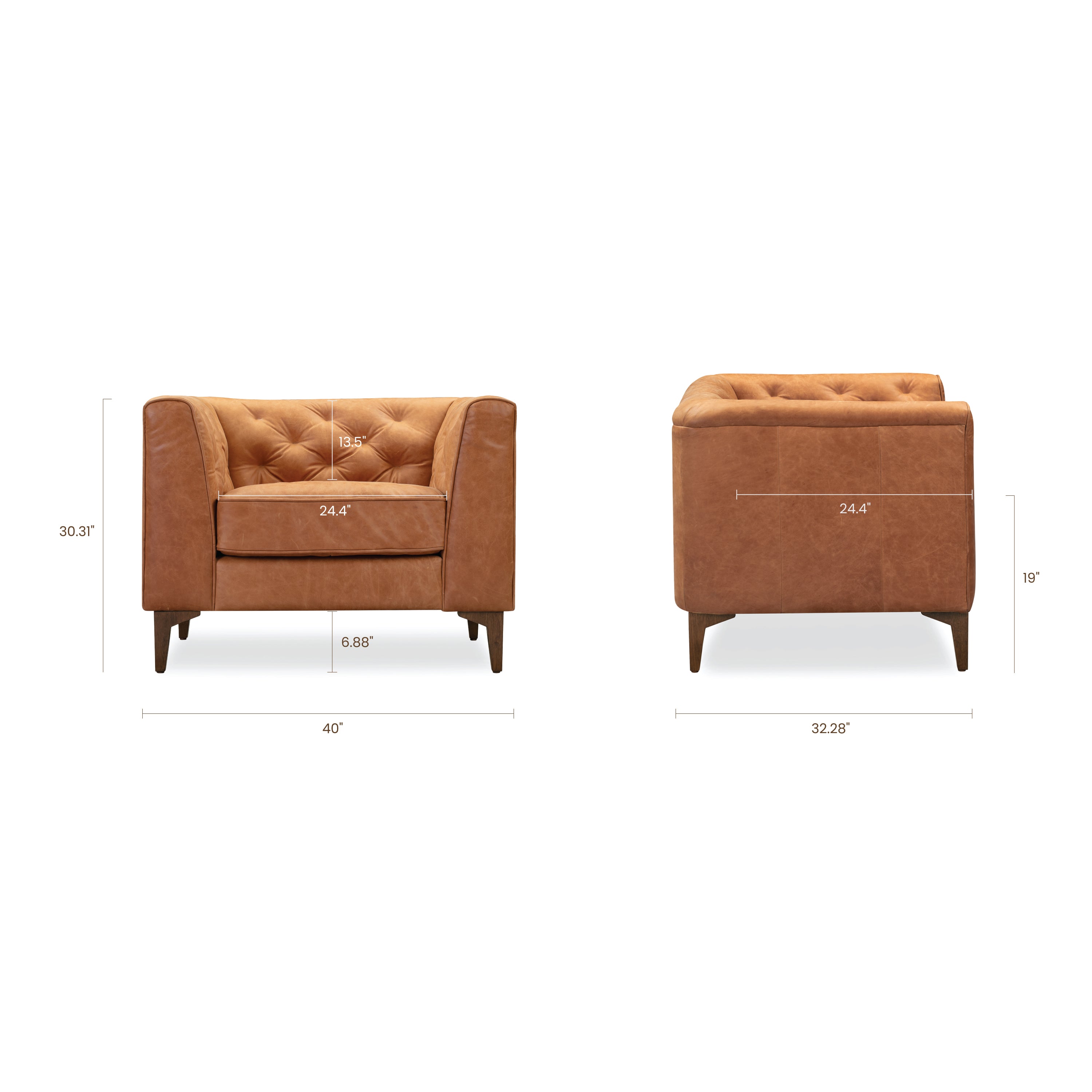 Modern Cognac Tan Leather Lounge Chair with Tufted Back