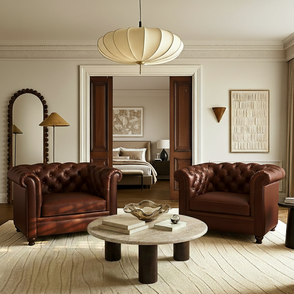 Chesterfield Oscuro Brown Leather Lounge Chair with Button Tufted Back