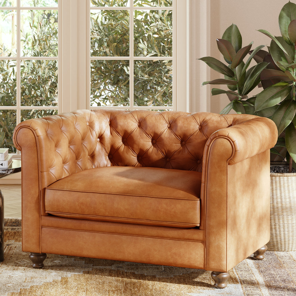 Chesterfield Cognac Tan Leather Lounge Chair with Button Tufted Back