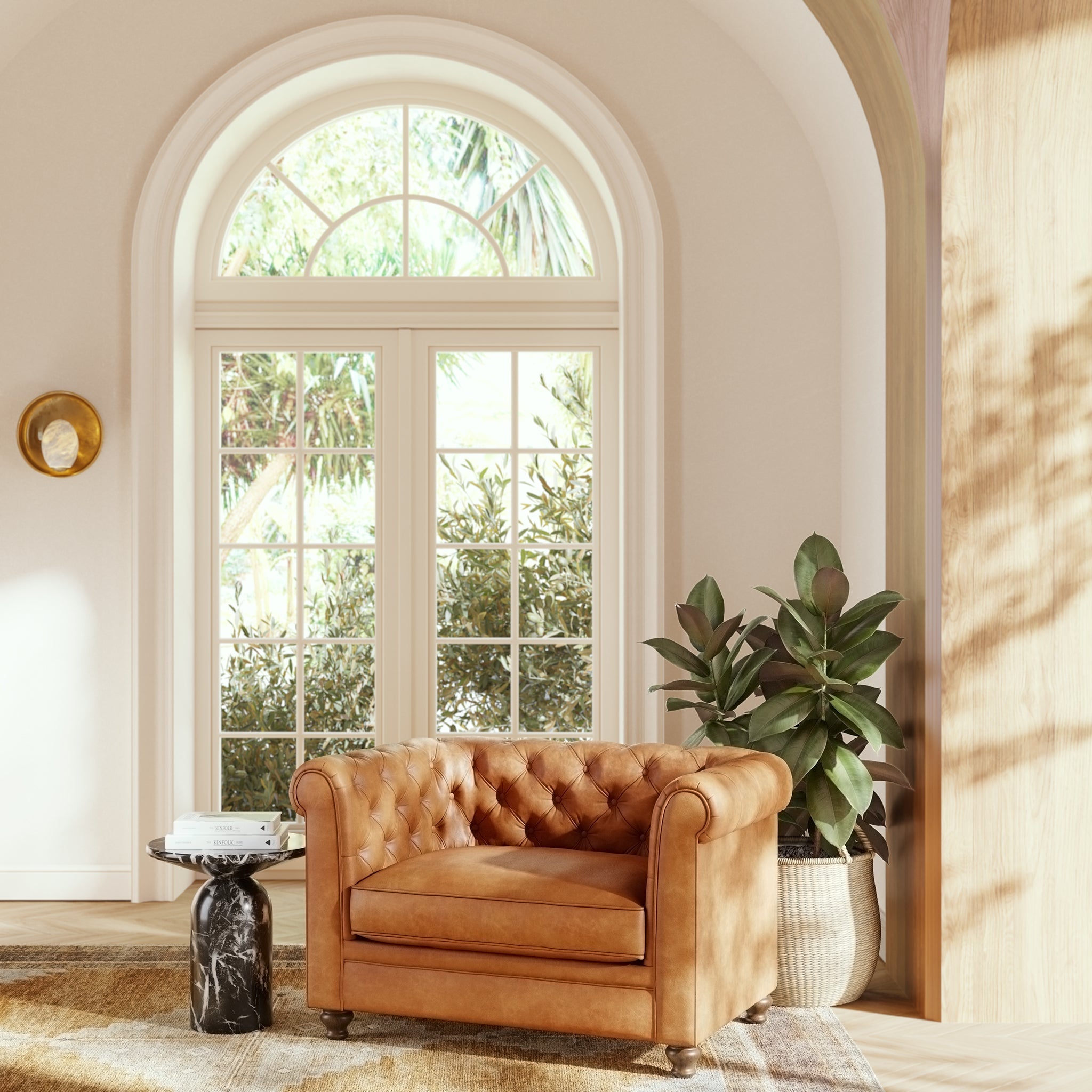 Chesterfield Cognac Tan Leather Lounge Chair with Button Tufted Back