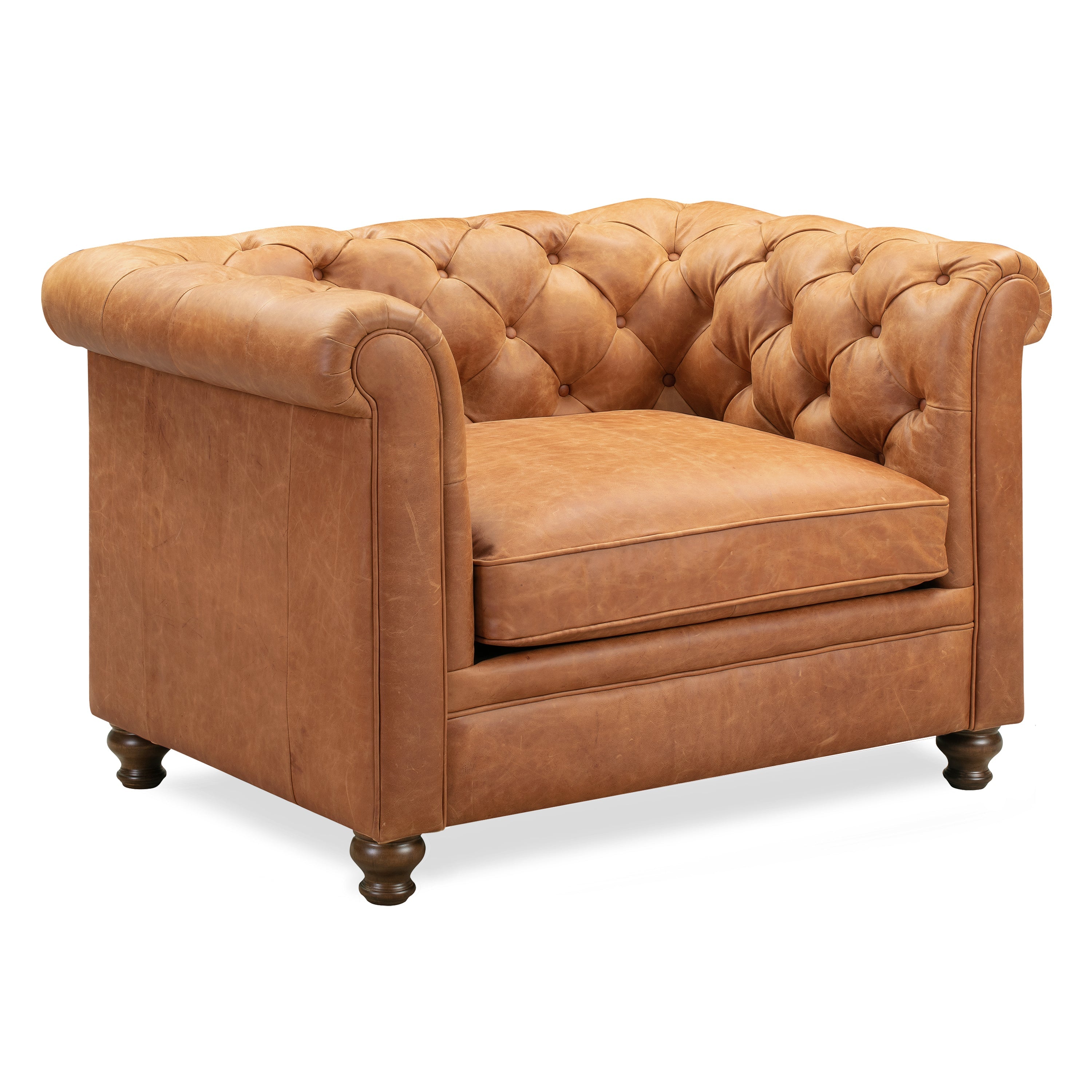 Chesterfield Cognac Tan Leather Lounge Chair with Button Tufted Back