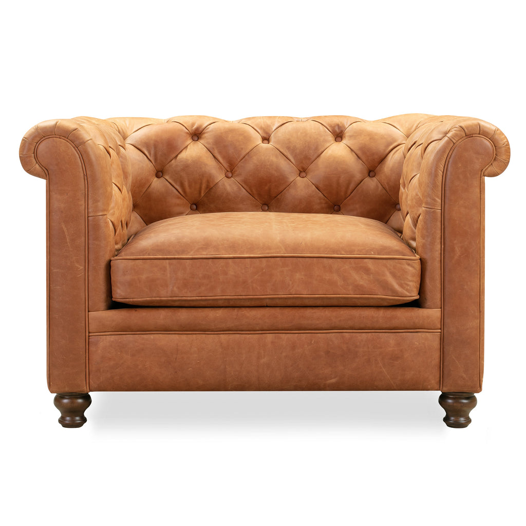 Chesterfield Cognac Tan Leather Lounge Chair with Button Tufted Back