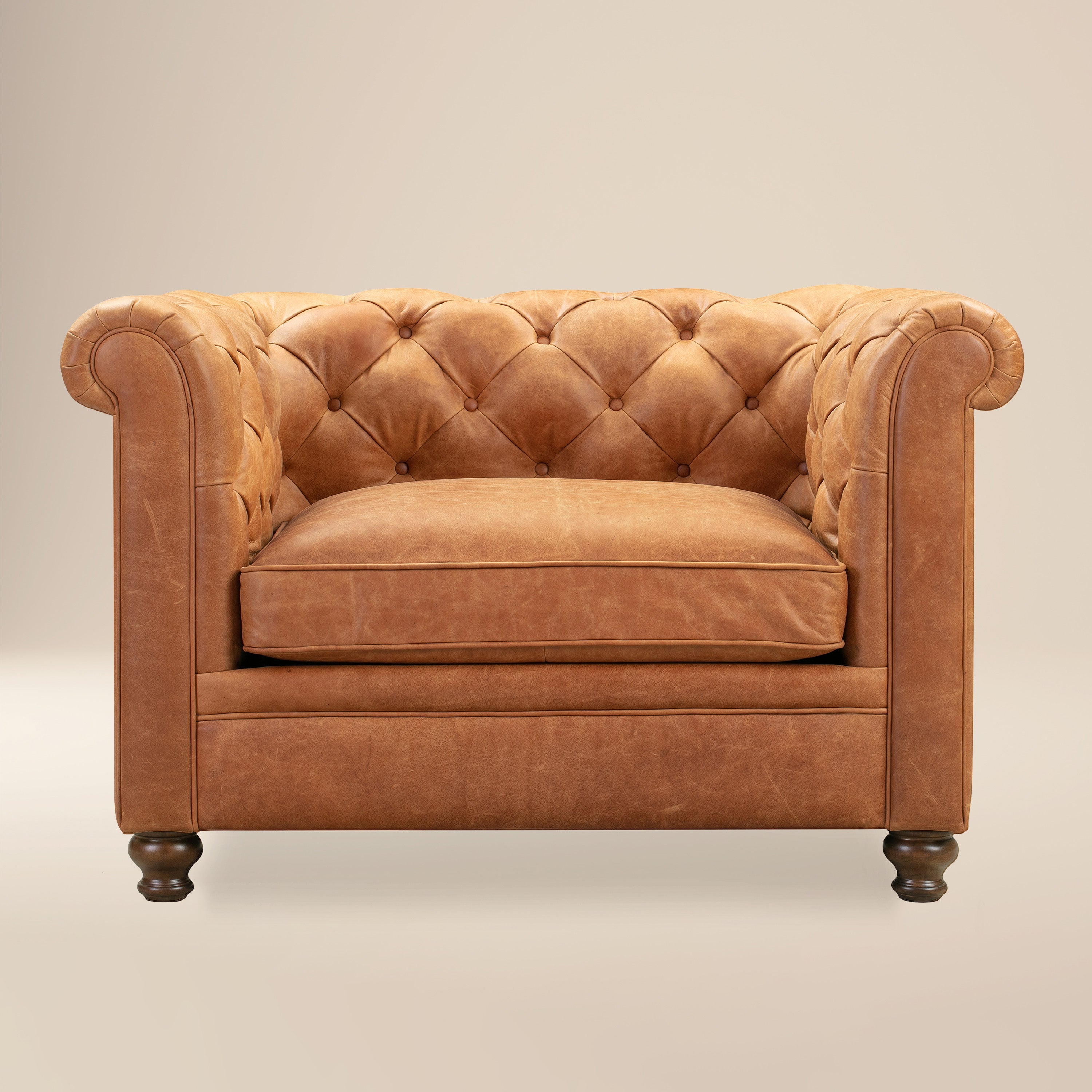 Chesterfield Cognac Tan Leather Lounge Chair with Button Tufted Back