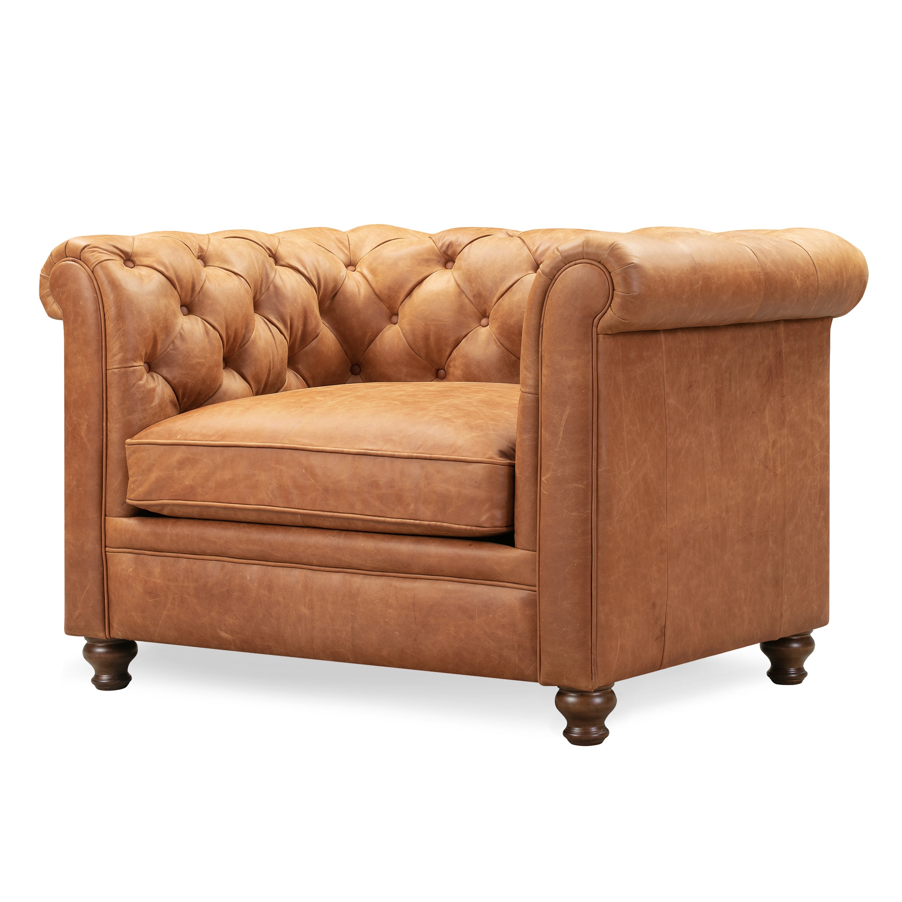 Chesterfield Cognac Tan Leather Lounge Chair with Button Tufted Back
