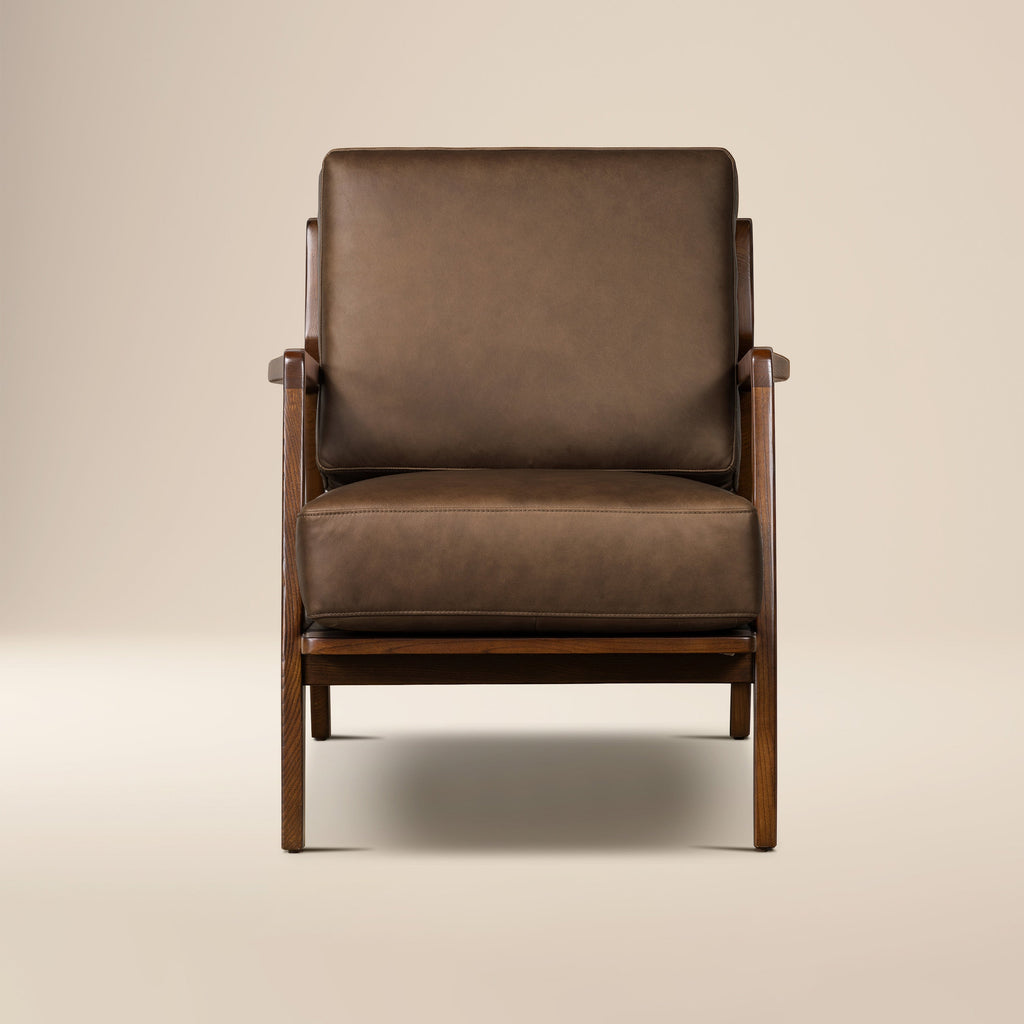Modern Cocoa Brown Leather Lounge Chair with Kiln-Dried Wood Frame