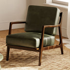 Fauteuil moderne en cuir vert olive avec structure en bois séché au four