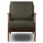Fauteuil moderne en cuir vert olive avec structure en bois séché au four
