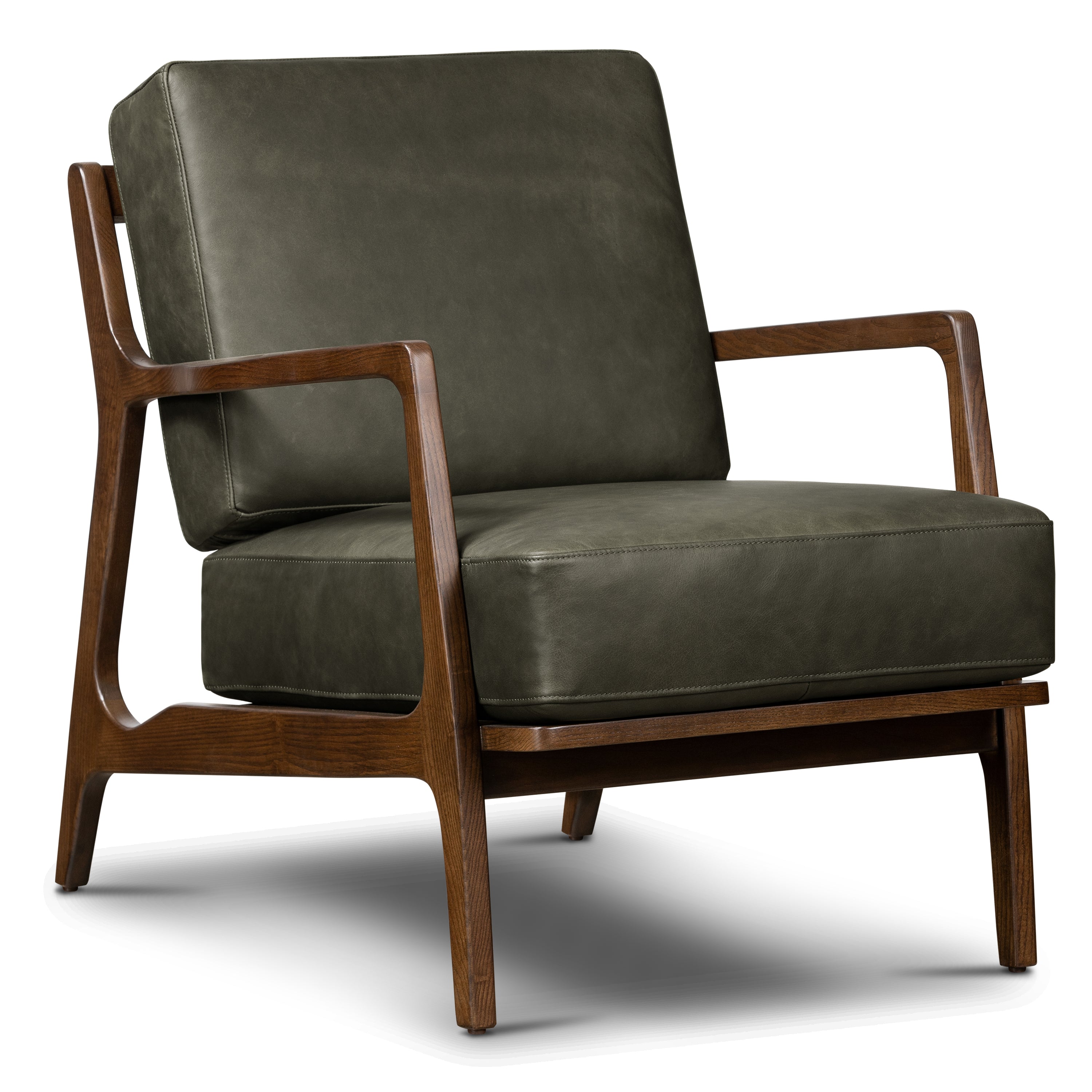 Modern Olivine Green Leather Lounge Chair with Kiln-Dried Wood Frame