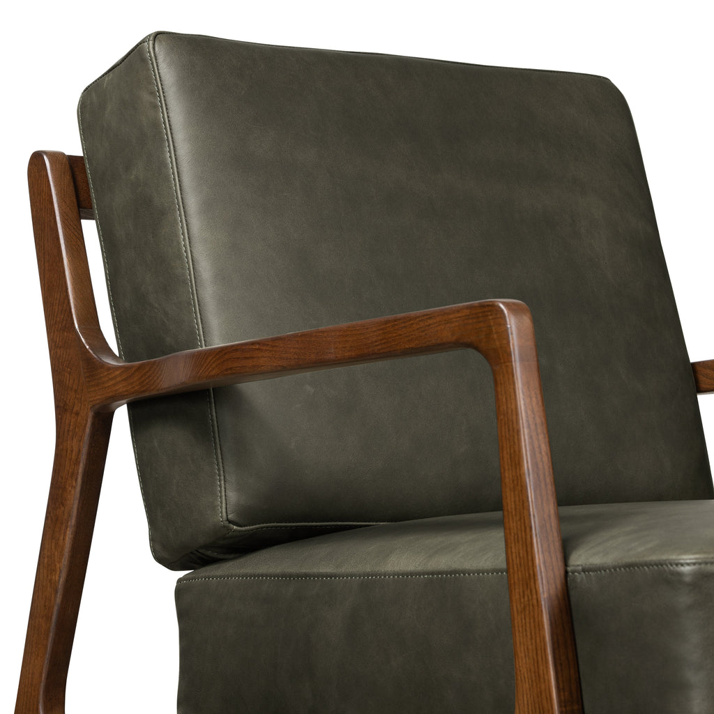 Modern Olivine Green Leather Lounge Chair with Kiln-Dried Wood Frame