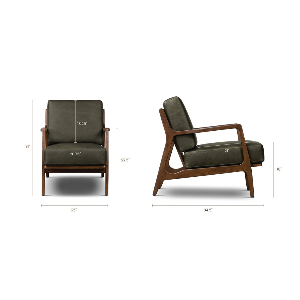 Modern Olivine Green Leather Lounge Chair with Kiln-Dried Wood Frame