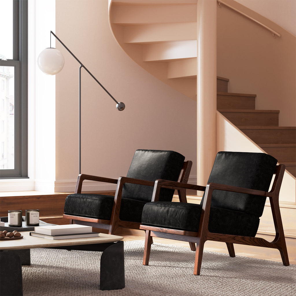 Modern Onyx Black Leather Lounge Chair with Kiln-Dried Wood Frame