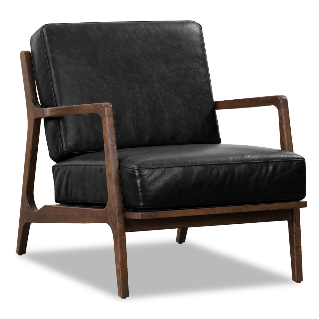 Modern Onyx Black Leather Lounge Chair with Kiln-Dried Wood Frame