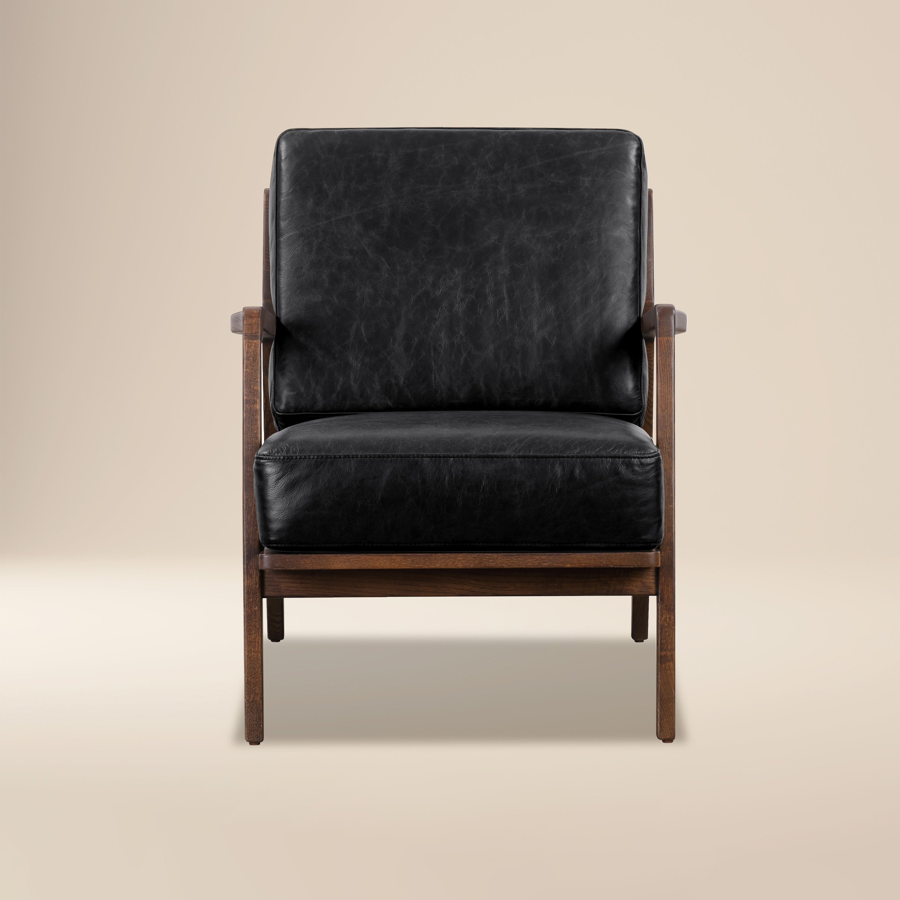 Modern Onyx Black Leather Lounge Chair with Kiln-Dried Wood Frame