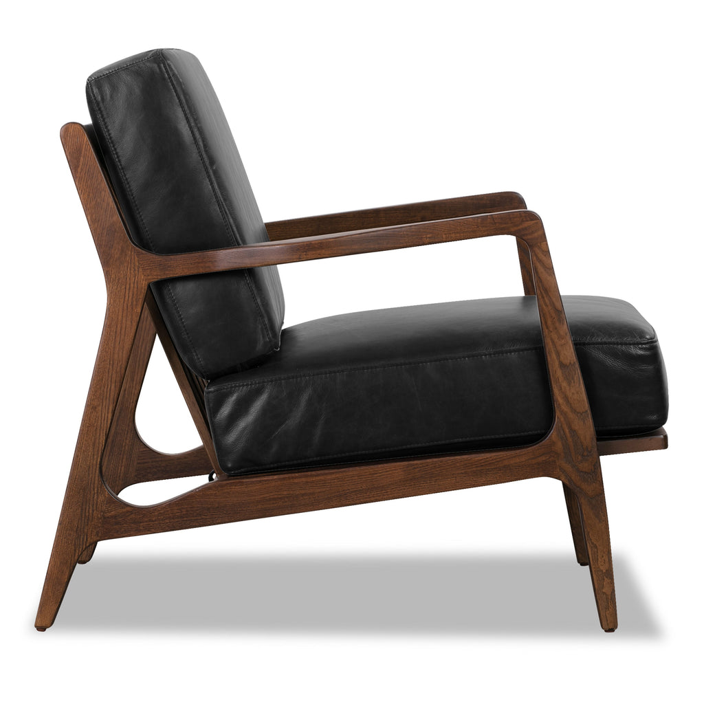 Modern Onyx Black Leather Lounge Chair with Kiln-Dried Wood Frame