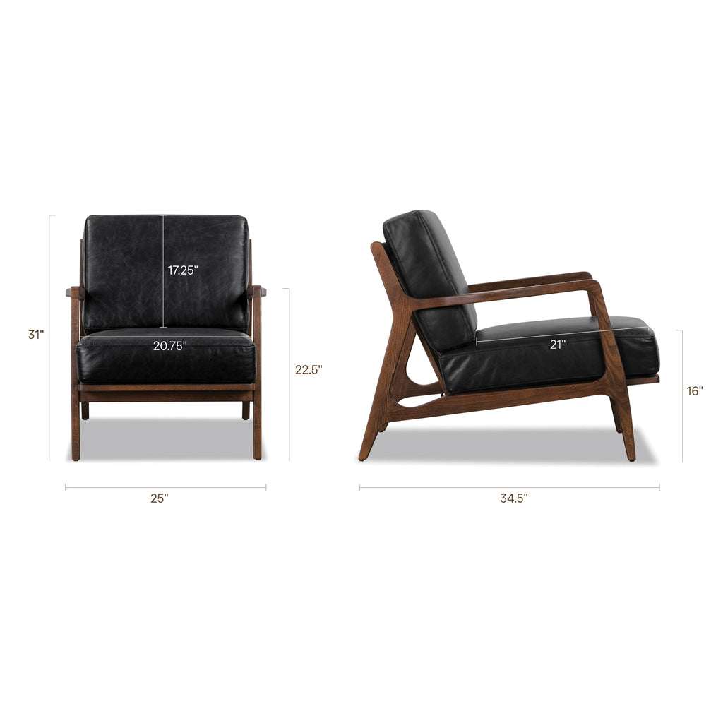 Modern Onyx Black Leather Lounge Chair with Kiln-Dried Wood Frame