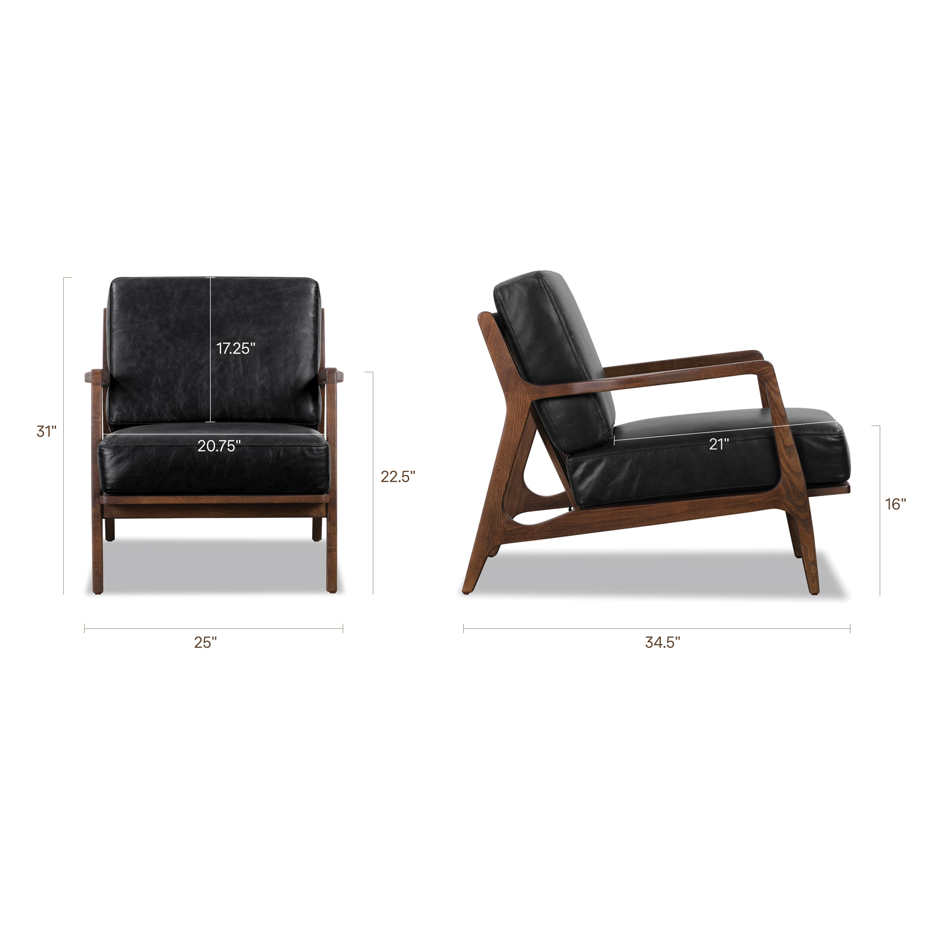 Modern Onyx Black Leather Lounge Chair with Kiln-Dried Wood Frame