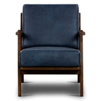Fauteuil moderne en cuir bleu nuit avec cadre en bois séché au four