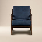 Fauteuil moderne en cuir bleu nuit avec cadre en bois séché au four