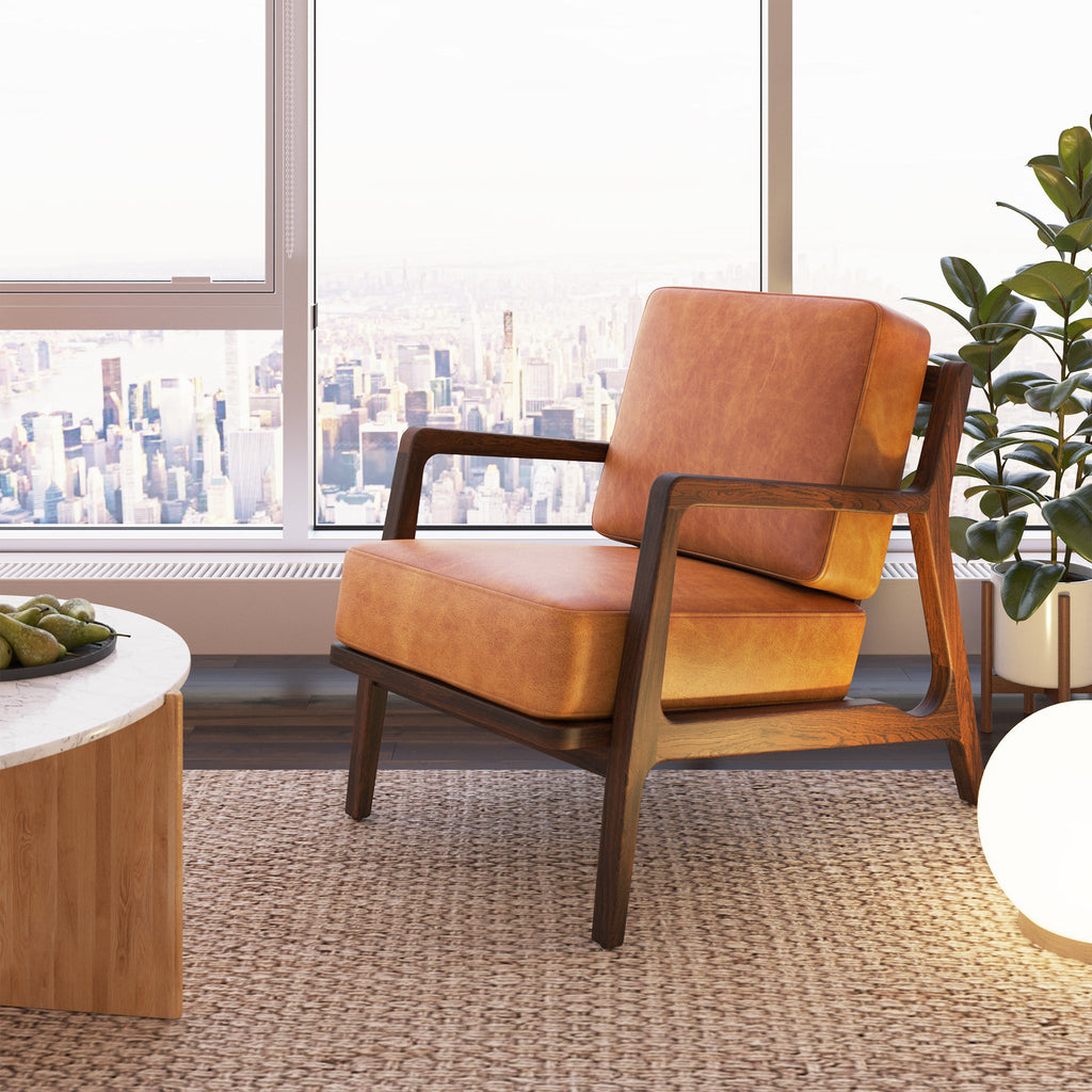 Modern Cognac Tan Leather Lounge Chair with Kiln-Dried Wood Frame