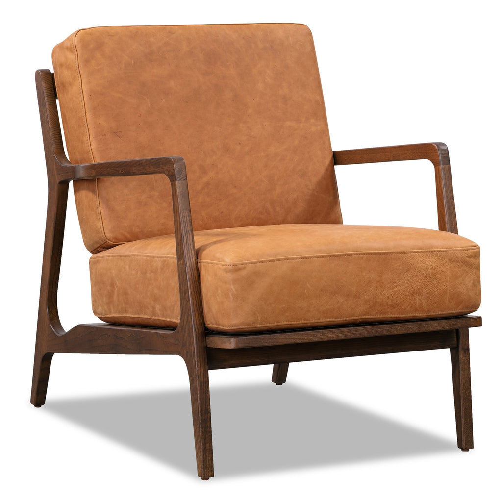 Modern Cognac Tan Leather Lounge Chair with Kiln-Dried Wood Frame
