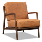 Fauteuil lounge moderne en cuir couleur cognac avec structure en bois séché au four