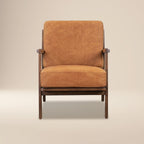 Fauteuil lounge moderne en cuir couleur cognac avec structure en bois séché au four