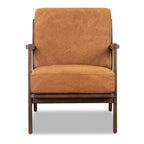 Fauteuil lounge moderne en cuir couleur cognac avec structure en bois séché au four