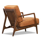 Fauteuil lounge moderne en cuir couleur cognac avec structure en bois séché au four