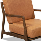 Fauteuil lounge moderne en cuir couleur cognac avec structure en bois séché au four