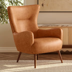 Fauteuil de salon traditionnel en cuir couleur cognac avec un cadre en bois séché au four