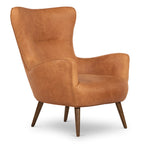 Fauteuil de salon traditionnel en cuir couleur cognac avec un cadre en bois séché au four