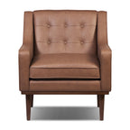 Fauteuil de salon moderne en cuir marron caramel avec dossier capitonné