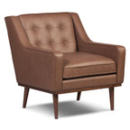 Fauteuil de salon moderne en cuir marron caramel avec dossier capitonné