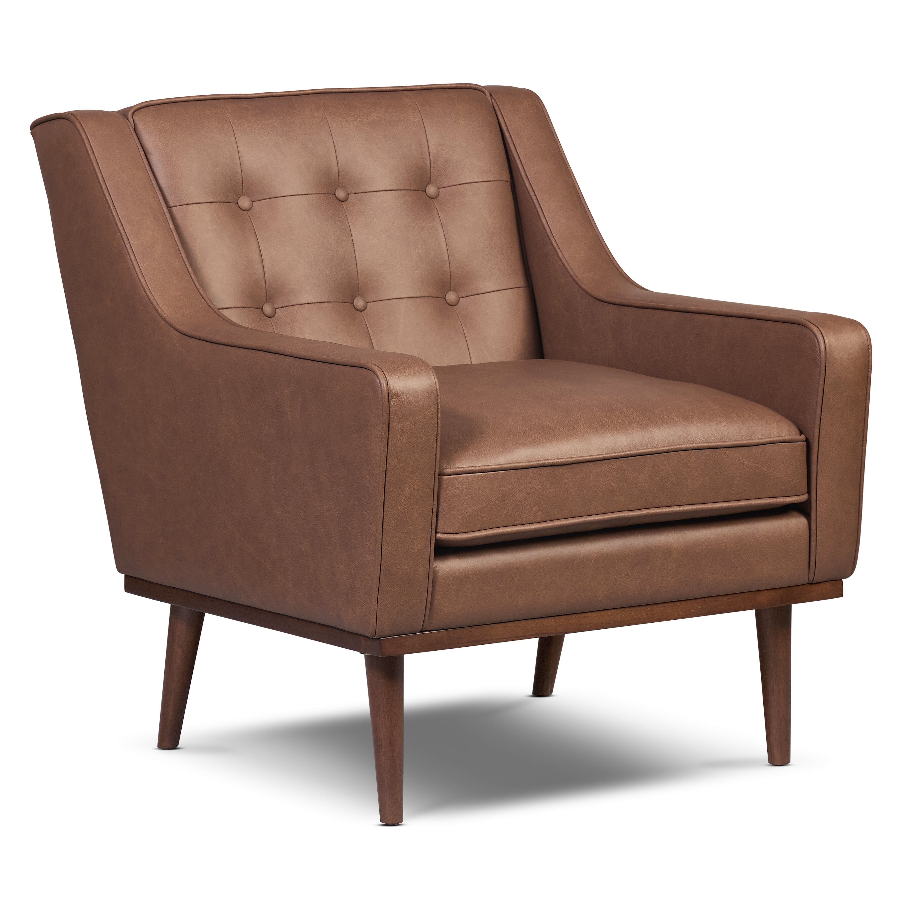 Modern Caramel Brown Leather Lounge Chair with Tufted Back