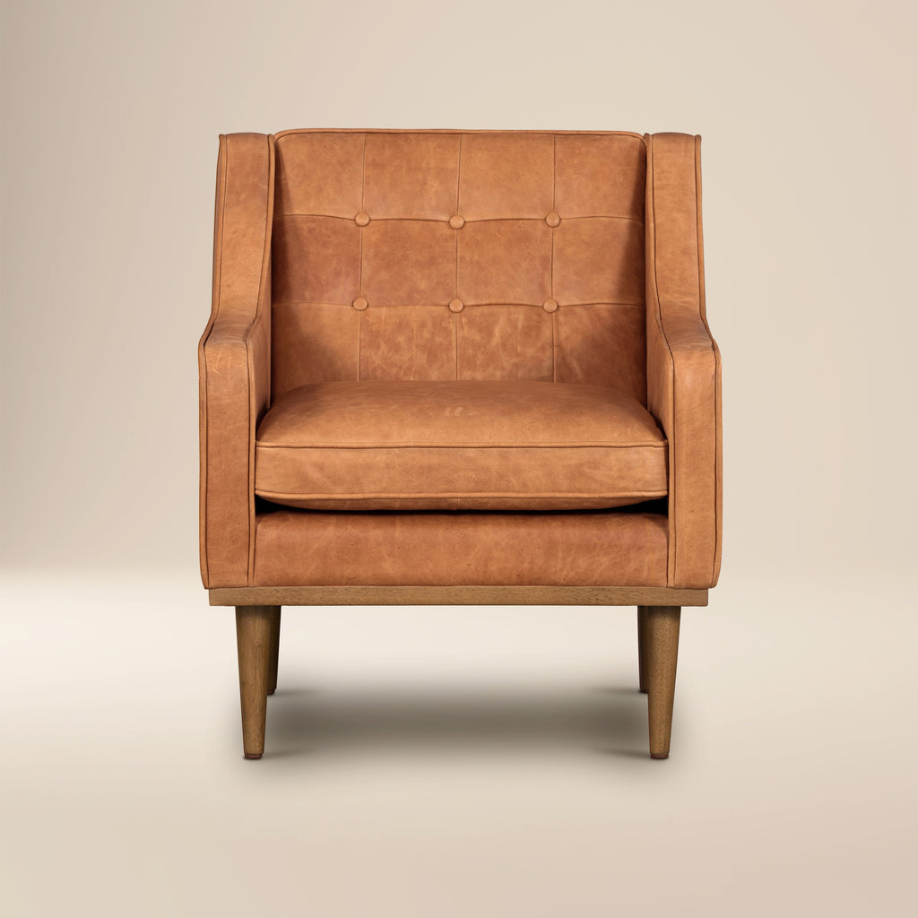 Modern Cognac Tan Leather Lounge Chair with Tufted Back