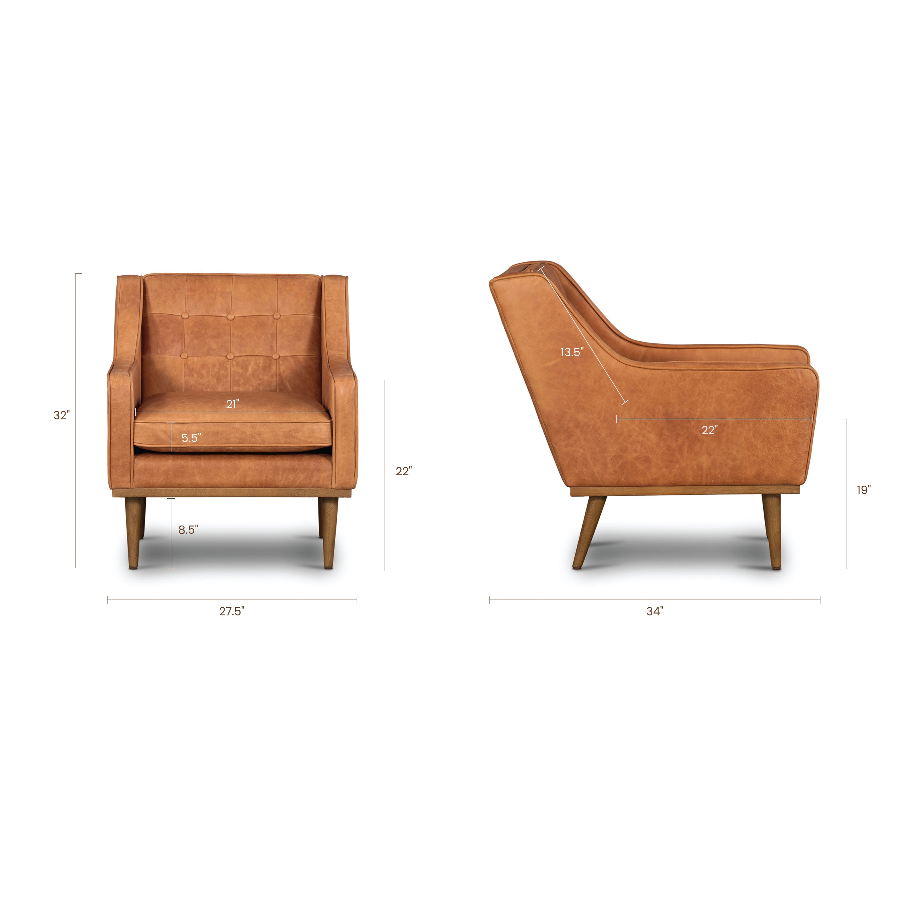 Modern Cognac Tan Leather Lounge Chair with Tufted Back