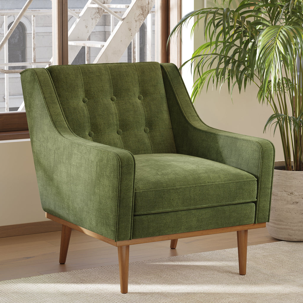 Modern Distressed Green Fabric Lounge Chair with Tufted Back