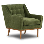 Fauteuil de salon moderne en tissu vert vieilli avec dossier capitonné