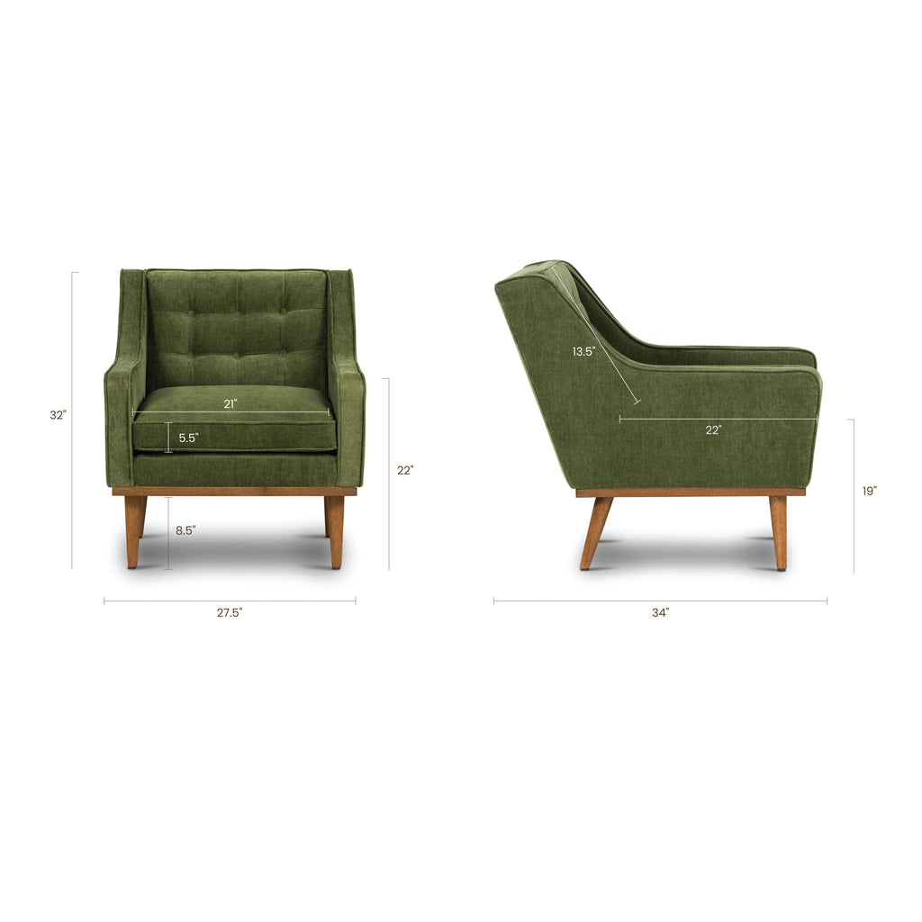 Modern Distressed Green Fabric Lounge Chair with Tufted Back
