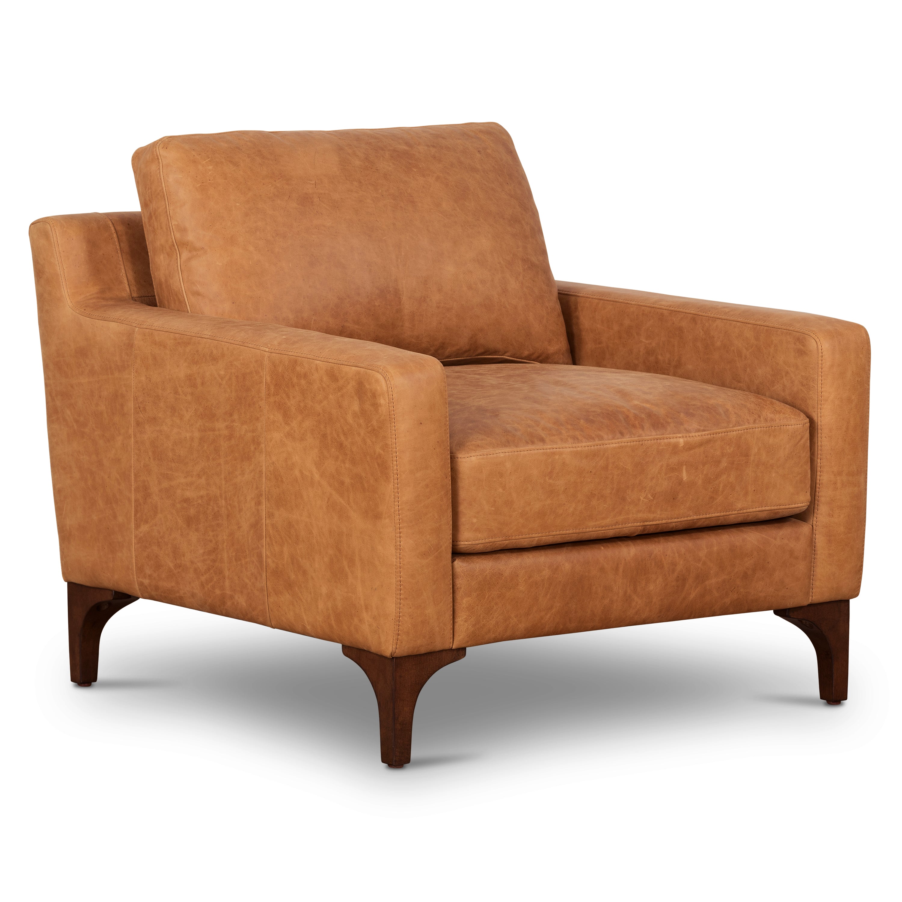 Modern Cognac Tan Leather Lounge Chair with Kiln-Dried Wood Frame