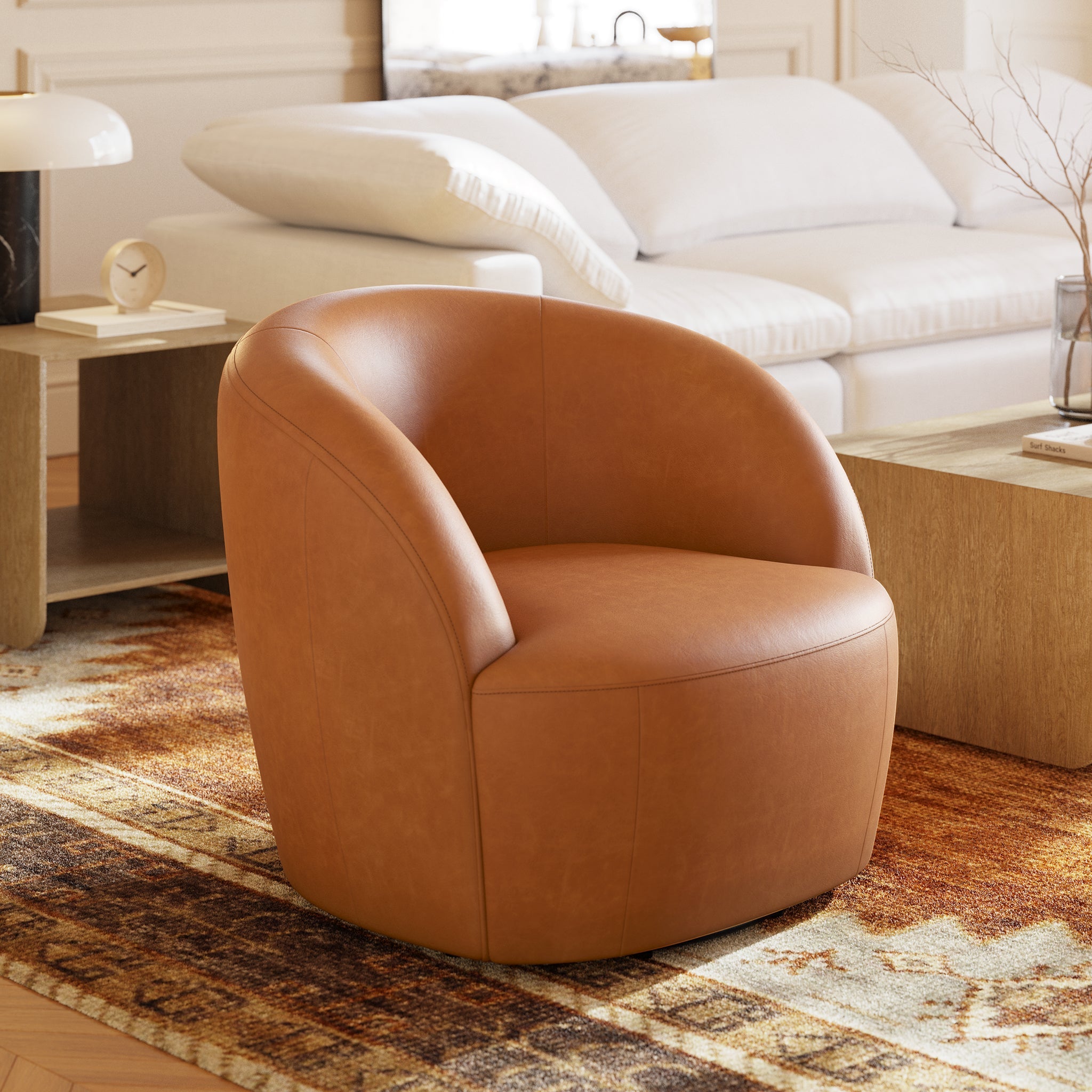 Modern Bourbon Tan Leather Leather Swivel Chair with Swivel Base