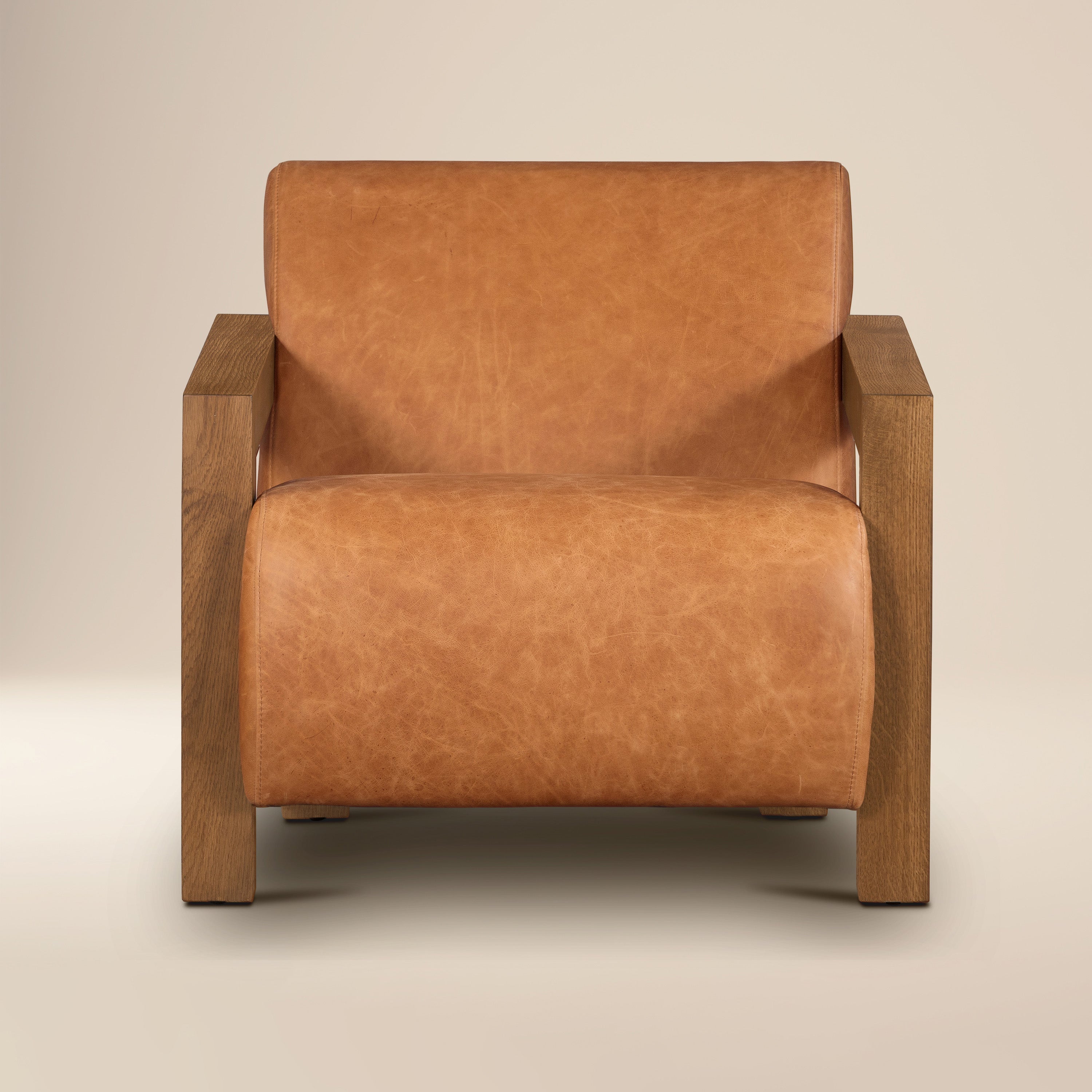 Modern Classic Cognac Tan Leather Lounge Chair with Solid Oak Frame