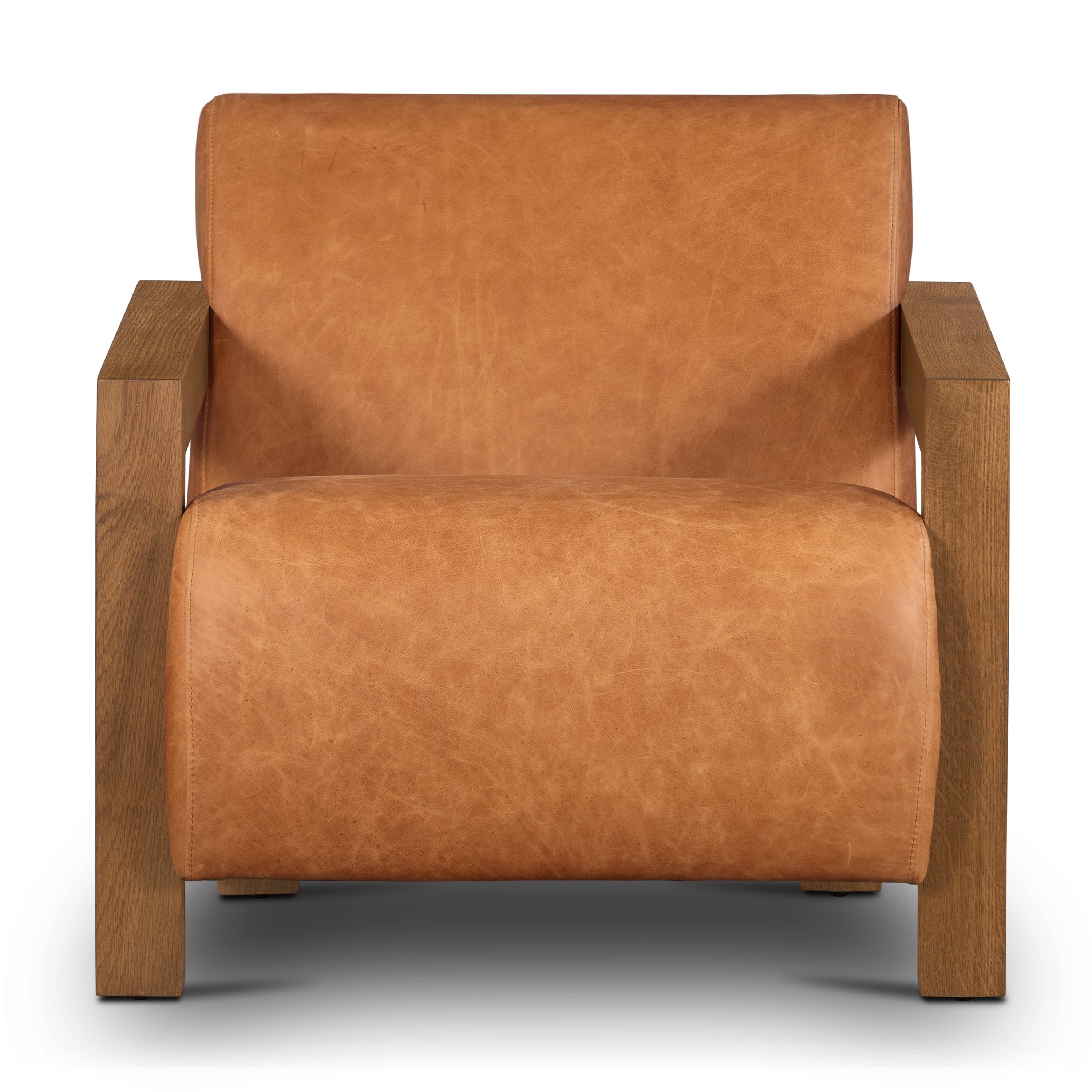 Modern Classic Cognac Tan Leather Lounge Chair with Solid Oak Frame