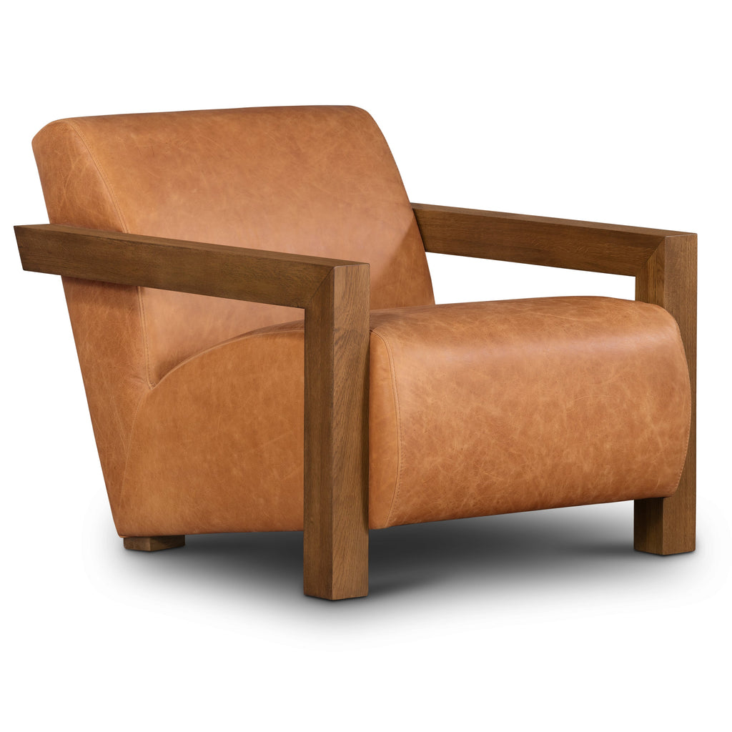 Modern Classic Cognac Tan Leather Lounge Chair with Solid Oak Frame