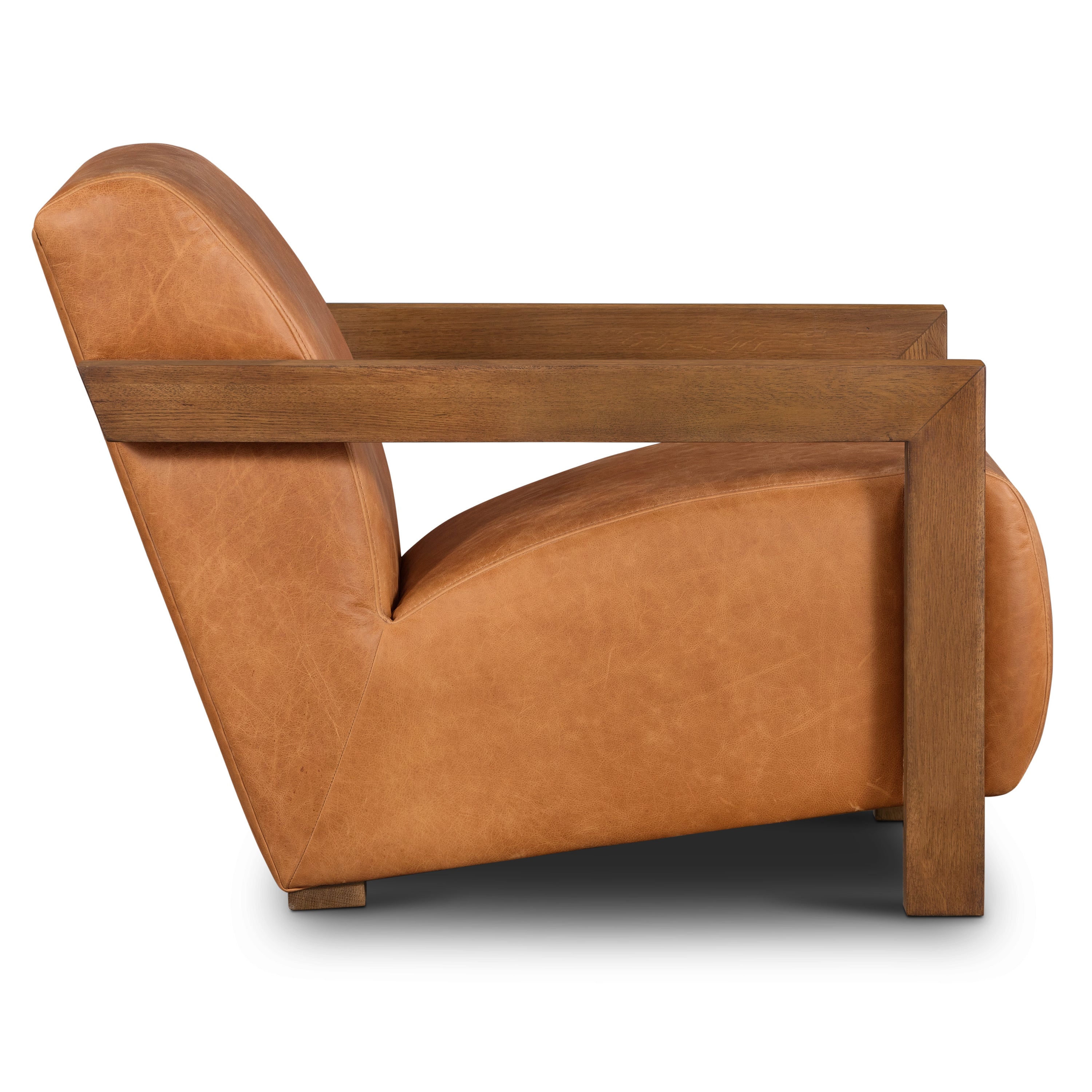 Modern Classic Cognac Tan Leather Lounge Chair with Solid Oak Frame