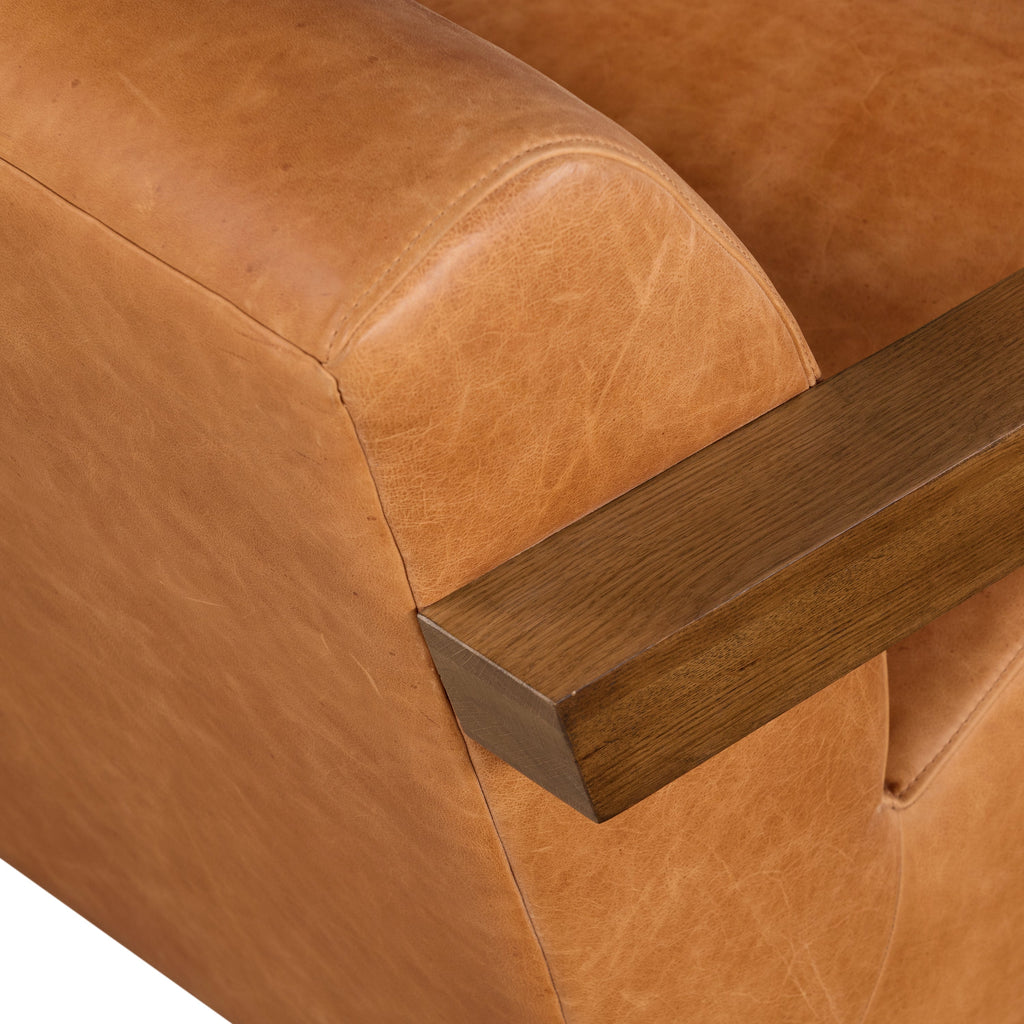 Modern Classic Cognac Tan Leather Lounge Chair with Solid Oak Frame